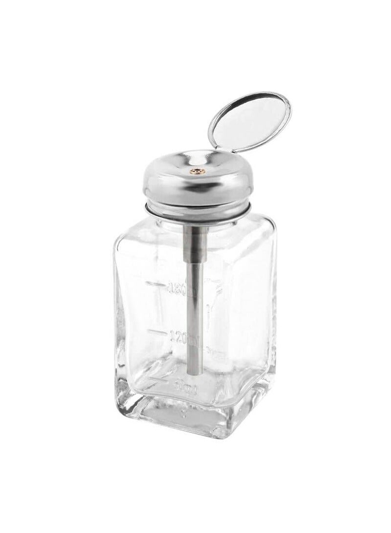 Push Down Empty Bottle, Lockable Pump Dispenser Bottle, 180ml Clear Glass Push Down Dispenser Bottle, Refillable Dispenser Bottle, with Metal Flip Cap for Liquid Remover Makeup Remover Toner - Image 1